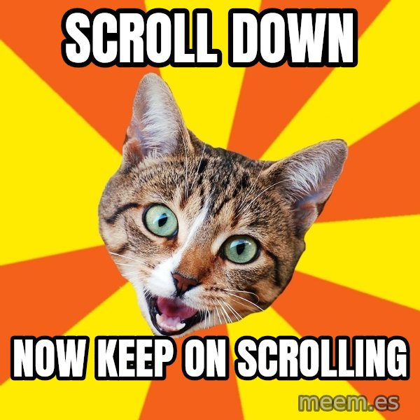 Bad Advice Cat meme: Scroll down / Now keep on scrolling