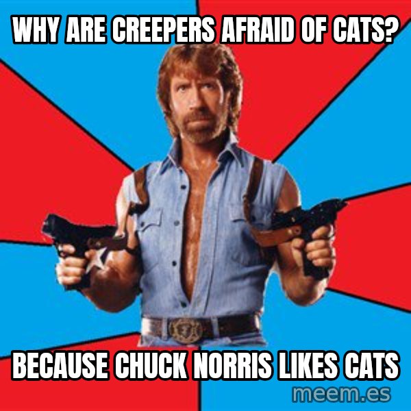 Chuck Norris  meme: why are creepers afraid of cats? / because chuck norris likes cats