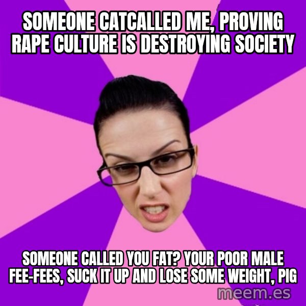 Privilege Denying Feminist meme: someone catcalled me, proving rape culture is destroying society / someone called you fat? your poor male fee-fees, suck it up and lose some weight, pig