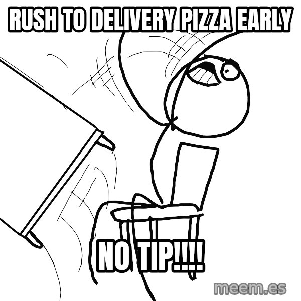 Desk Flip Rage Guy meme: rush to delivery pizza early / no tip!!!!
