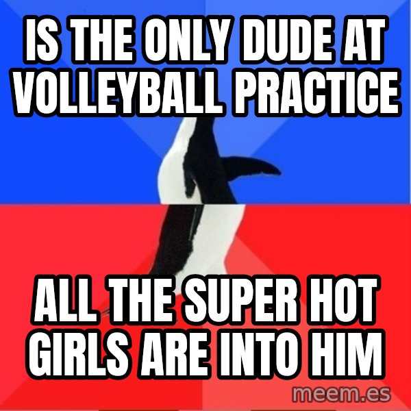 Socially Awesome Awkward Penguin meme: is the only dude at volleyball practice / all the super hot girls are into him