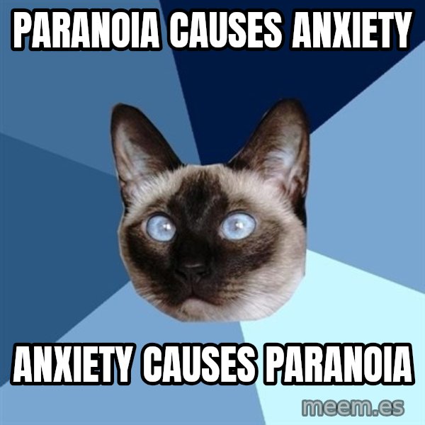Chronic Illness Cat meme: Paranoia causes anxiety / anxiety causes paranoia