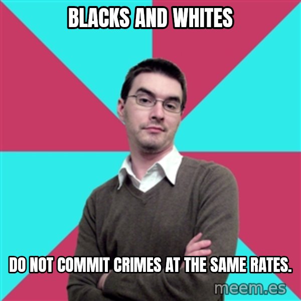 Privilege Denying Dude meme: Blacks and whites / do not commit crimes at the same rates.