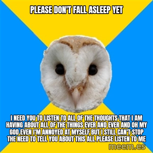 Bipolar Owl meme: please don't fall asleep yet / i need you to listen to all of the thoughts that i am having about all of the things ever and ever and oh my god even i'm annoyed at myself but i still can't stop the need to tell you about this all please listen to me