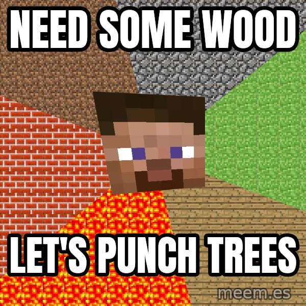 Minecraft Guy meme: NEED SOME WOOD / LET'S PUNCH TREES