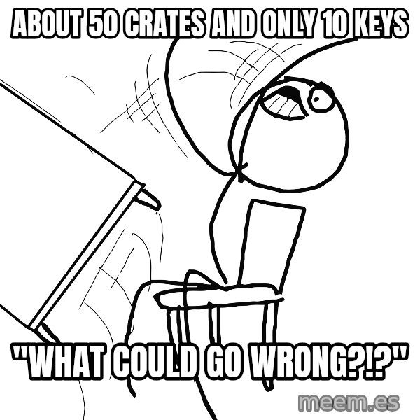 Desk Flip Rage Guy meme: about 50 crates and only 10 keys / "WHAT COULD GO WRONG?!?"
