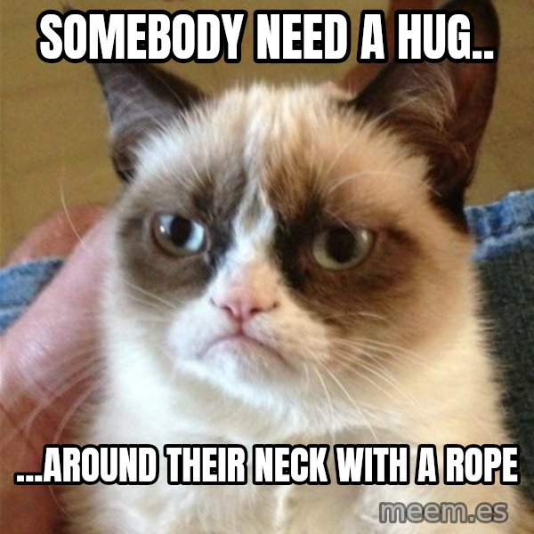 Grumpy Cat  meme: Somebody need a hug.. / ...around their neck with a rope