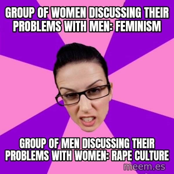 Privilege Denying Feminist meme: group of women discussing their problems with men: feminism / group of men discussing their problems with women: rape culture