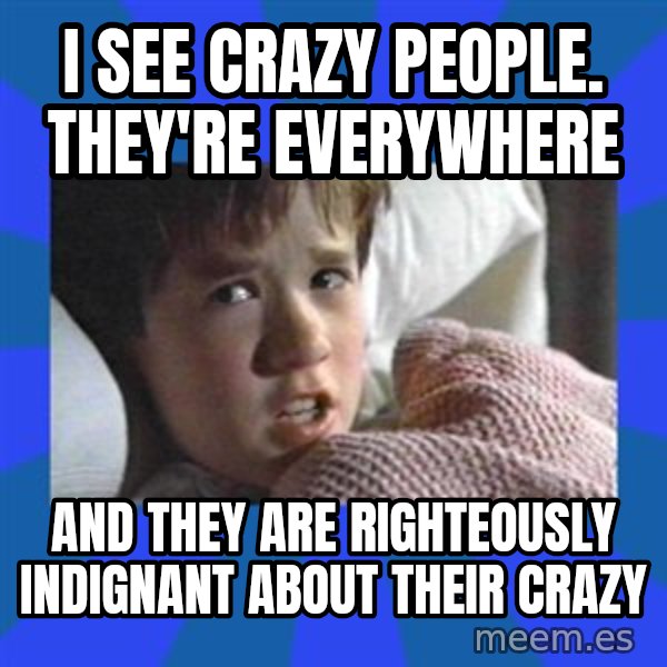 i see dead people meme: I see Crazy people. They're everywhere / and they are righteously indignant about their crazy