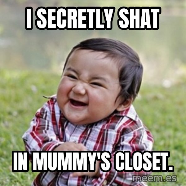evil toddler kid2 meme: I secretly shat / in Mummy's closet.