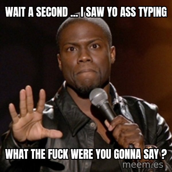 Kevin Hart meme: wait a second ... i saw yo ass typing / what the fuck were you gonna say ?