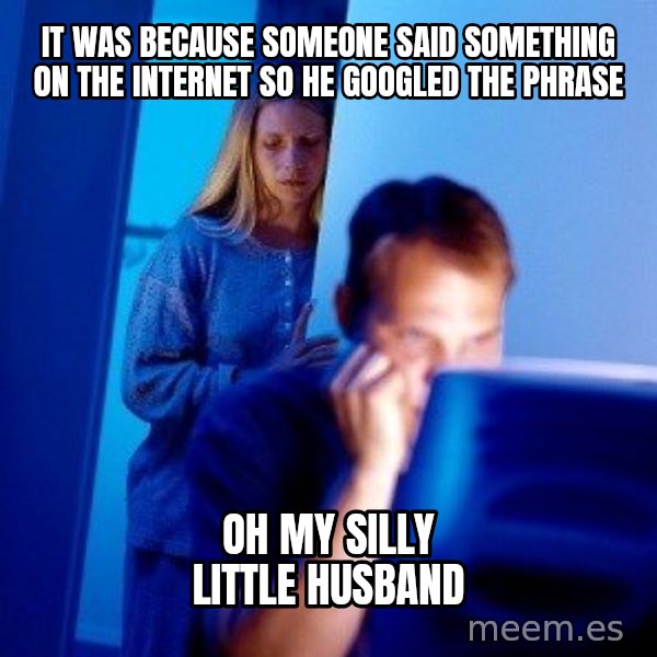 Internet Husband meme: It was because someone said something on the Internet so he googled the phrase / Oh my silly little husband