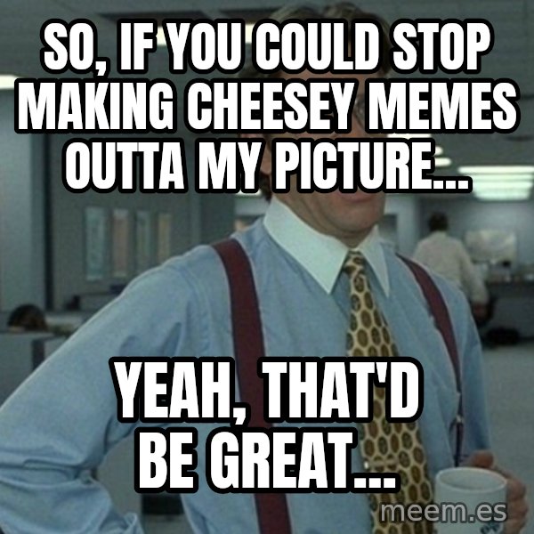 Yeah that'd be great... meme: So, If you could stop making cheesey memes outta my picture... / Yeah, That'd be great...
