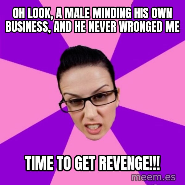 Privilege Denying Feminist meme: Oh look, a male minding his own business, and he never wronged me / Time to get revenge!!!