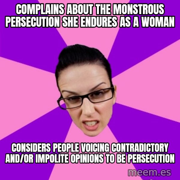 Privilege Denying Feminist meme: complains about the monstrous persecution she endures as a woman / considers people voicing contradictory and/or impolite opinions to be persecution
