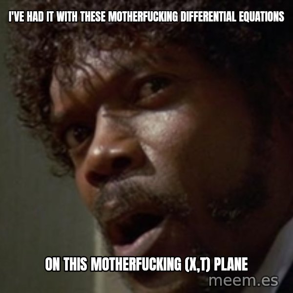 Angry Samuel L Jackson meme: I'VE HAD IT WITH THESE MOTHERFUCKING DIFFERENTIAL EQUATIONS / ON THIS MOTHERFUCKING (X,T) PLANE