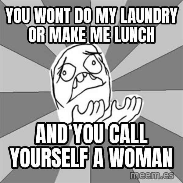 Whyyy??? meme: you wont do my laundry or make me lunch / and you call yourself a woman