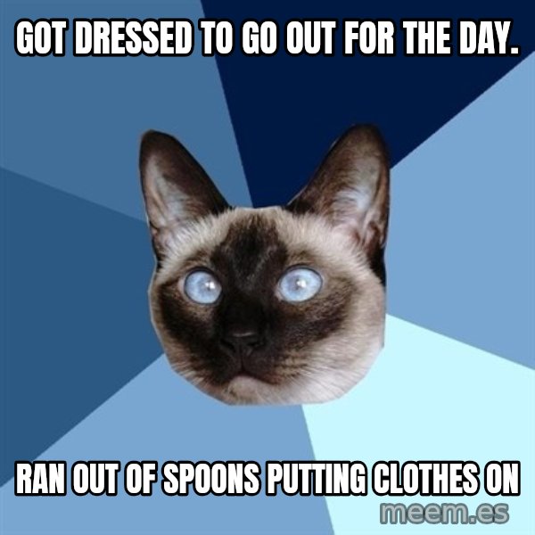 Chronic Illness Cat meme: got dressed to go out for the day. / RAN OUT OF SPOONS PUTTING CLOTHES ON