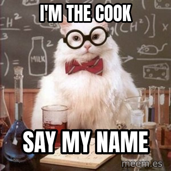 Chemistry Cat meme: i'm the cook / say my name