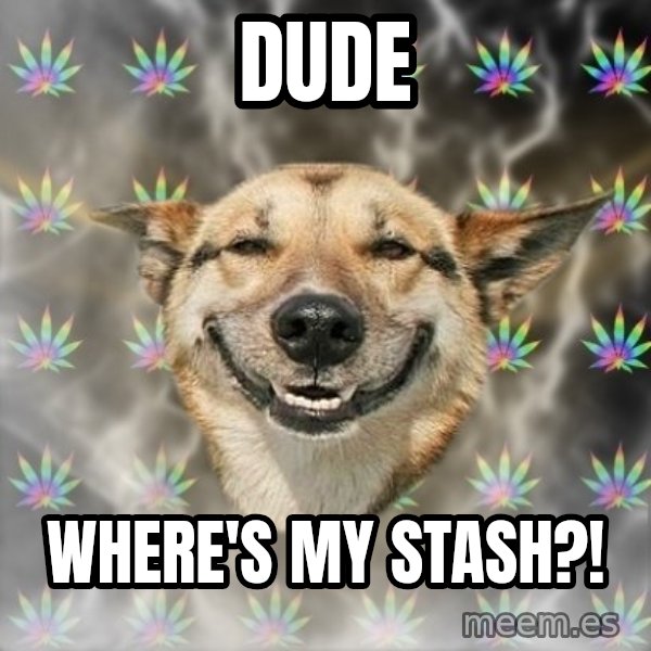 Stoner Dog meme: dude / where's my stash?!