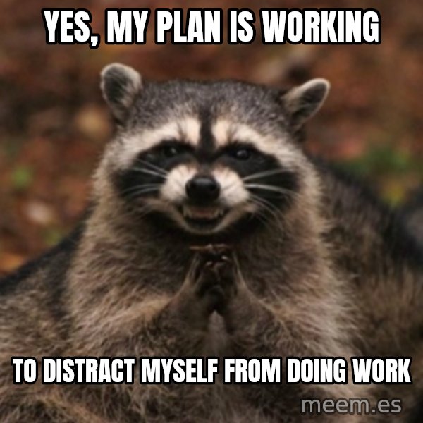 evil raccoon meme: yes, my plan is working / to distract myself from doing work