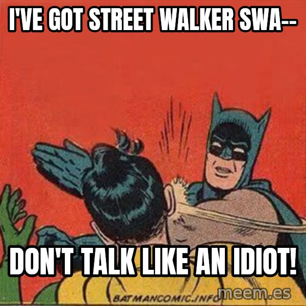batman slap robin meme: I've got Street Walker Swa-- / DON'T TALK LIKE AN IDIOT!