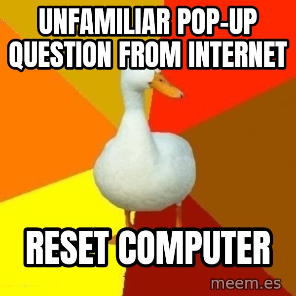 Technologically Impaired Duck meme: unfamiliar pop-up question from internet / reset computer