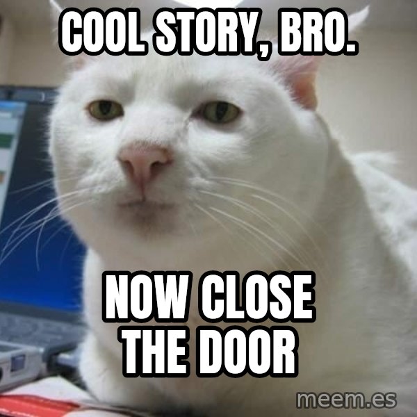 Serious Cat meme: Cool story, bro. / Now close the door