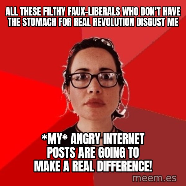 Liberal Douche Garofalo meme: all these filthy faux-liberals who don't have the stomach for real revolution disgust me / *My* angry internet posts are going to make a real difference!