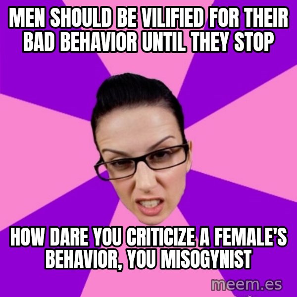 Privilege Denying Feminist meme: men should be vilified for their bad behavior until they stop / how dare you criticize a female's behavior, you misogynist