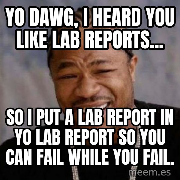 Yo Dawg meme: Yo dawg, I heard you like lab reports... / So I put a lab report in yo lab report so you can fail while you fail.
