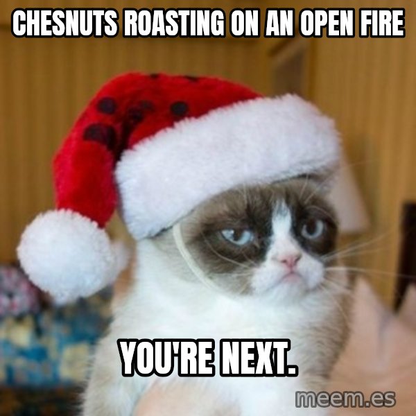 Grumpy Cat Santa Hat meme: chesnuts roasting on an open fire / you're next.