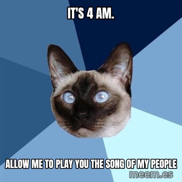 Chronic Illness Cat meme: It's 4 am. / Allow me to play you the song of my people