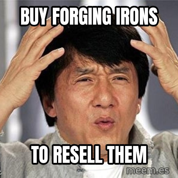 Confused Jackie Chan meme: BUY FORGING IRONS / To RESELL THEM
