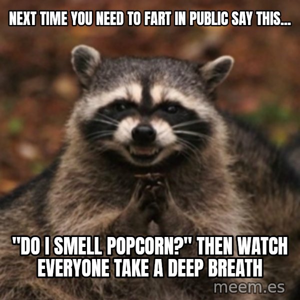 evil raccoon meme: next time you need to fart in public say this... / "Do i smell popcorn?" then watch everyone take a deep breath