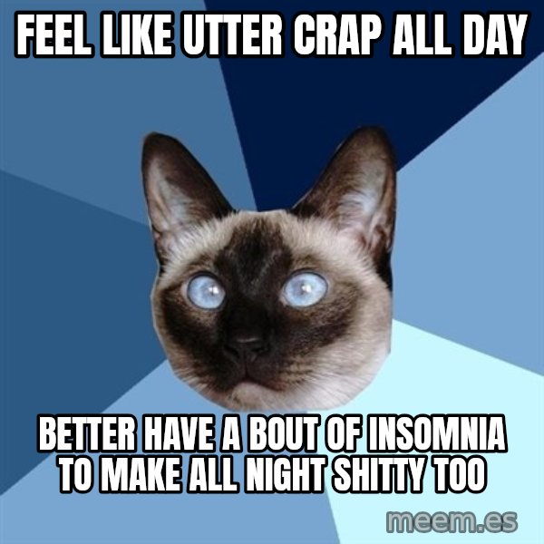 Chronic Illness Cat meme: feel like utter crap all day / better have a bout of insomnia to make all night shitty too