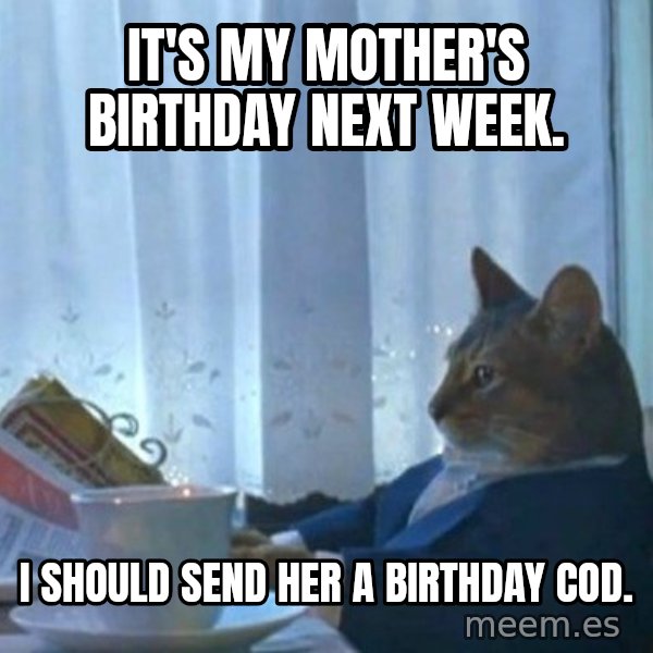 newspaper cat realization meme: It's my mother's birthday next week. / I should send her a birthday cod.