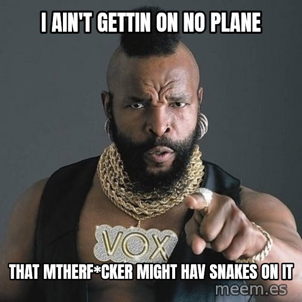 Mr T meme: i ain't gettin on no plane / that mtherf*cker might hav snakes on it