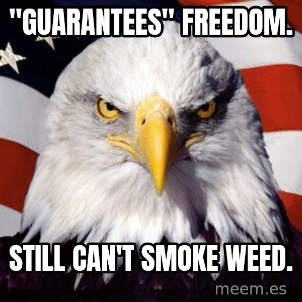 American Pride Eagle meme: "guarantees" freedom. / Still can't smoke weed.