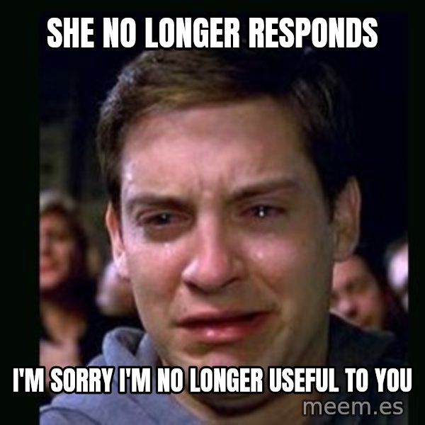 crying peter parker meme: she no longer responds / I'm sorry I'm no longer useful to you