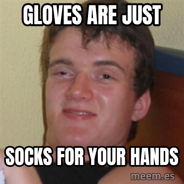 Really highguy meme: gloves are just / socks for your hands