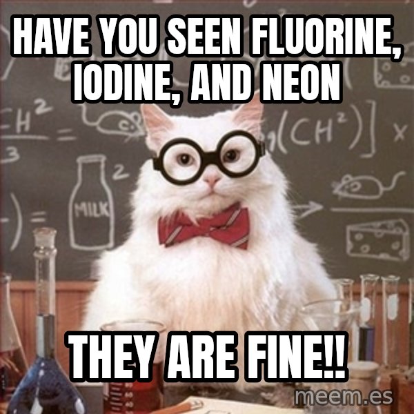 Science Cat meme: have you seen fluorine, iodine, and neon / they are fine!!