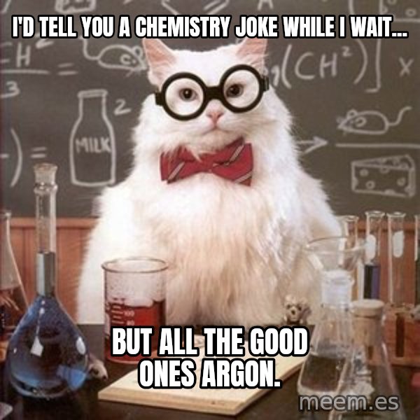 Chemistry Cat meme: I'd tell you a chemistry joke while i wait... / but all the good ones argon.