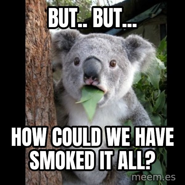 Koala can't believe it meme: but.. but... / how could we have smoked it all?