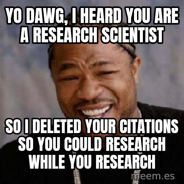 Yo Dawg meme: yo dawg, i heard you are a research scientist / so i deleted your citations so you could research while you research