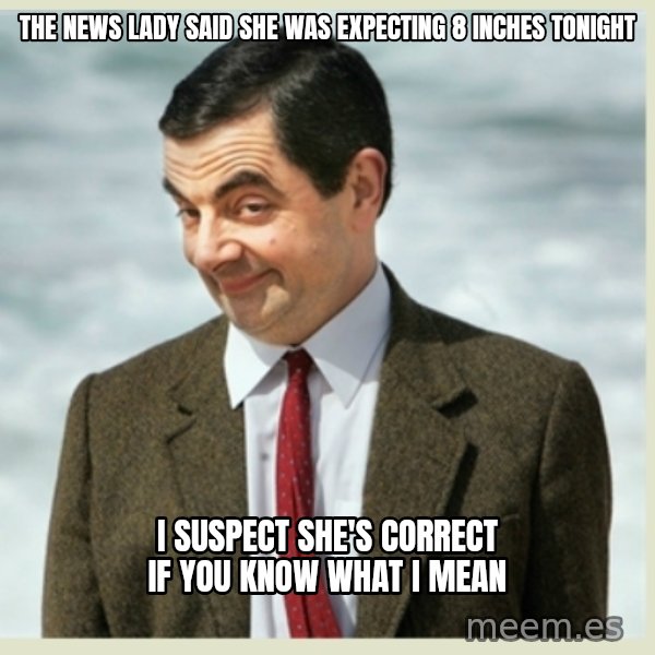 MR bean meme: the news lady said she was expecting 8 inches tonight / i suspect she's correct if you know what i mean