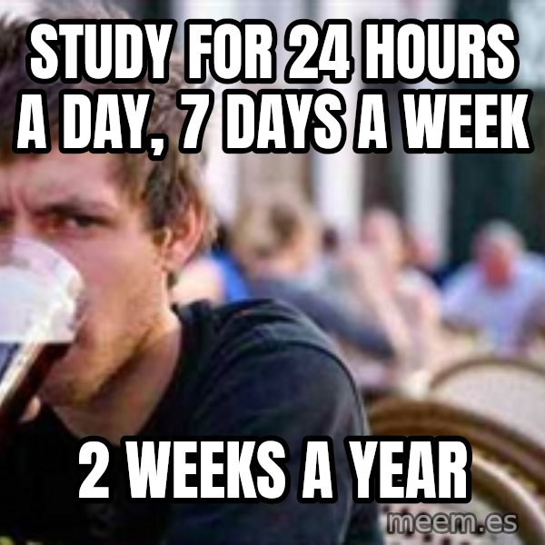The Lazy College Senior meme: Study for 24 hours a day, 7 days a week / 2 weeks a year