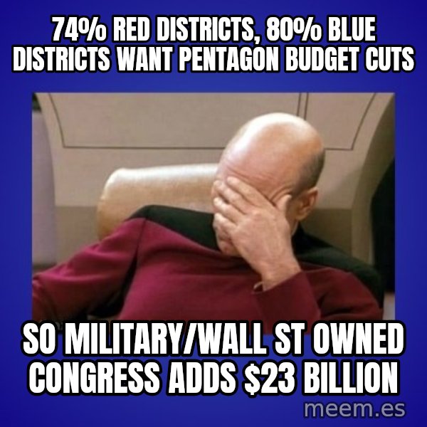 Picard facepalm  meme: 74% RED DISTRICTS, 80% BLUE DISTRICTS WANT PENTAGON BUDGET CUTS / so military/wall st owned congress adds $23 BILLION