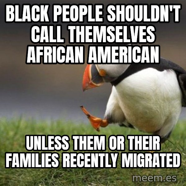 Unpopular Opinion Puffin meme: Black people shouldn't call themselves African American / unless them or their families recently migrated