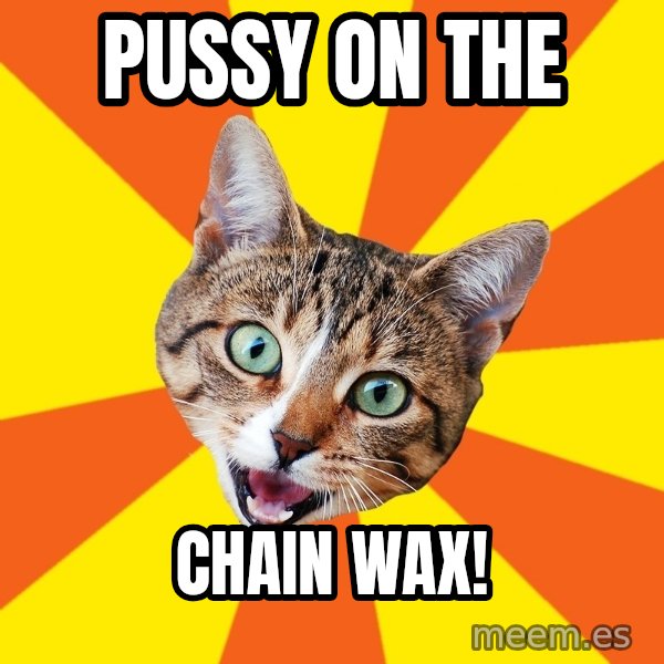 Bad Advice Cat meme: PUSSY ON THE / chain wax!